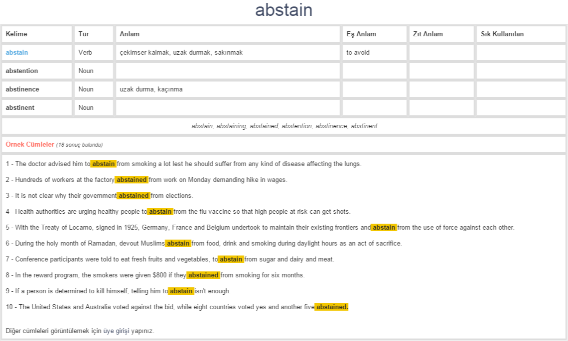 abstain ne demek, anlamı nedir YDS YÖKDİL İNGİLİZCETÜRKÇE BAĞLAMSAL SINAV SÖZLÜĞÜ YÖKDİL