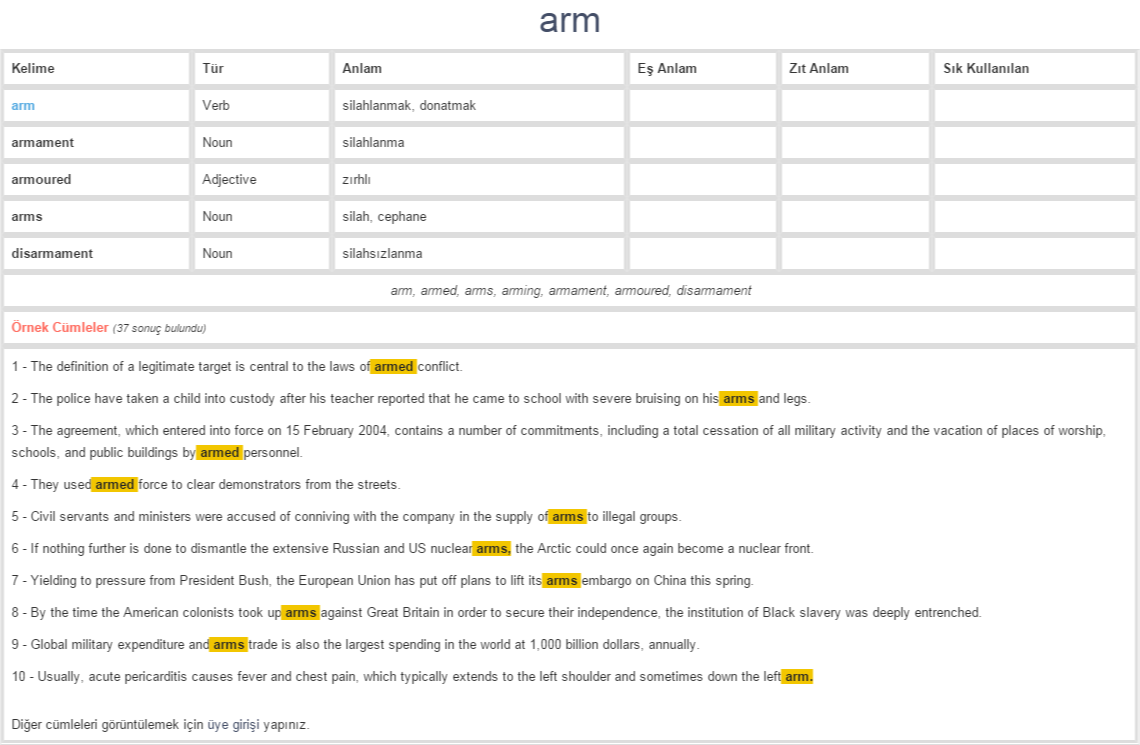 arm ne demek, anlamı nedir YDS YÖKDİL İNGİLİZCETÜRKÇE BAĞLAMSAL
