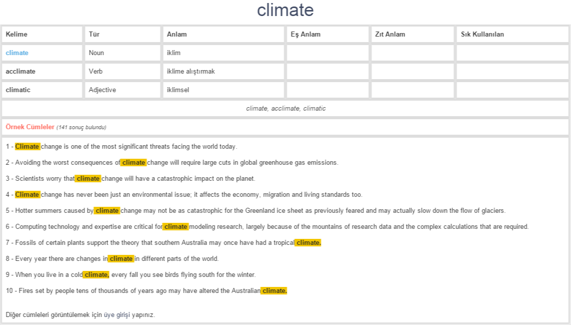 climate ne demek, anlamı nedir YDS YÖKDİL İNGİLİZCETÜRKÇE