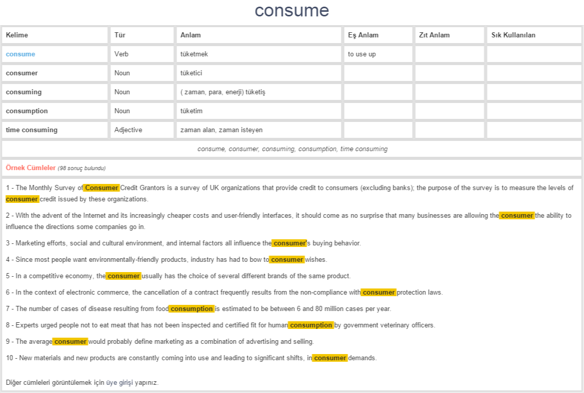 consume ne demek, anlamı nedir YDS YÖKDİL İNGİLİZCETÜRKÇE