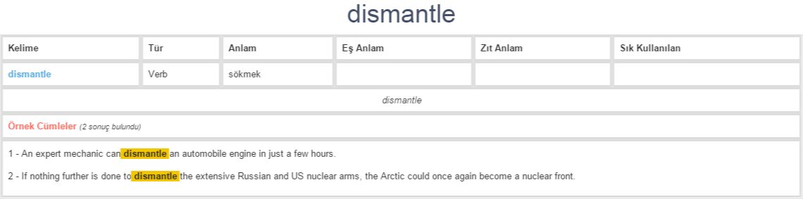 dismantle ne demek, anlamı nedir | YDS - YÖKDİL İNGİLİZCE-TÜRKÇE ...