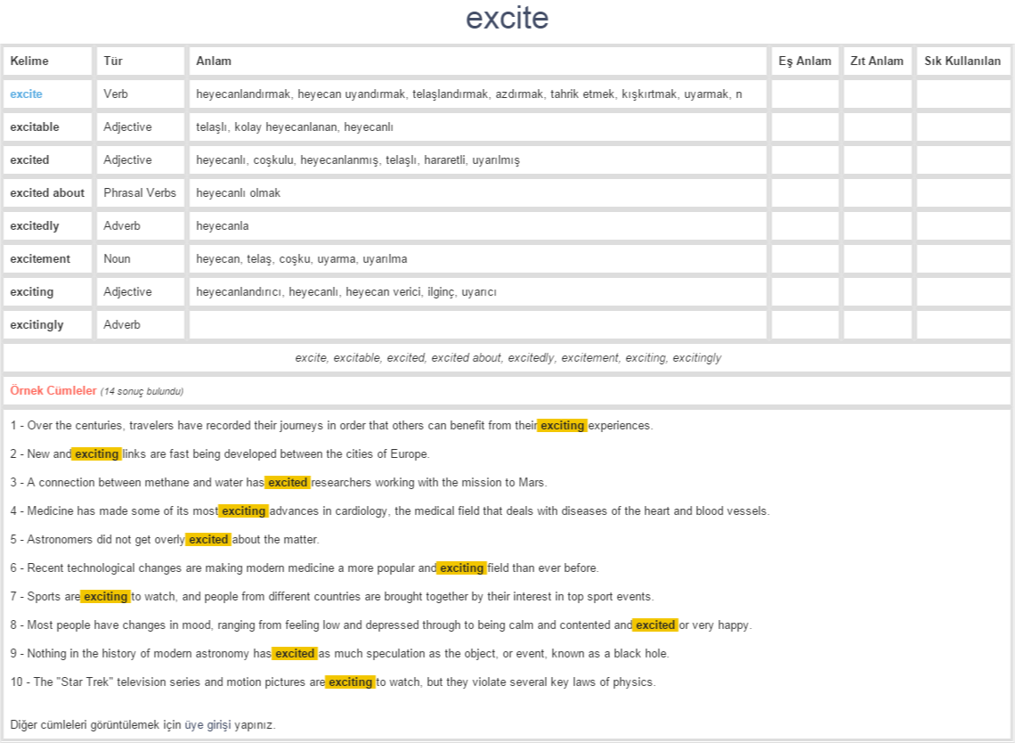 excite ne demek, anlamı nedir YDS YÖKDİL İNGİLİZCETÜRKÇE BAĞLAMSAL