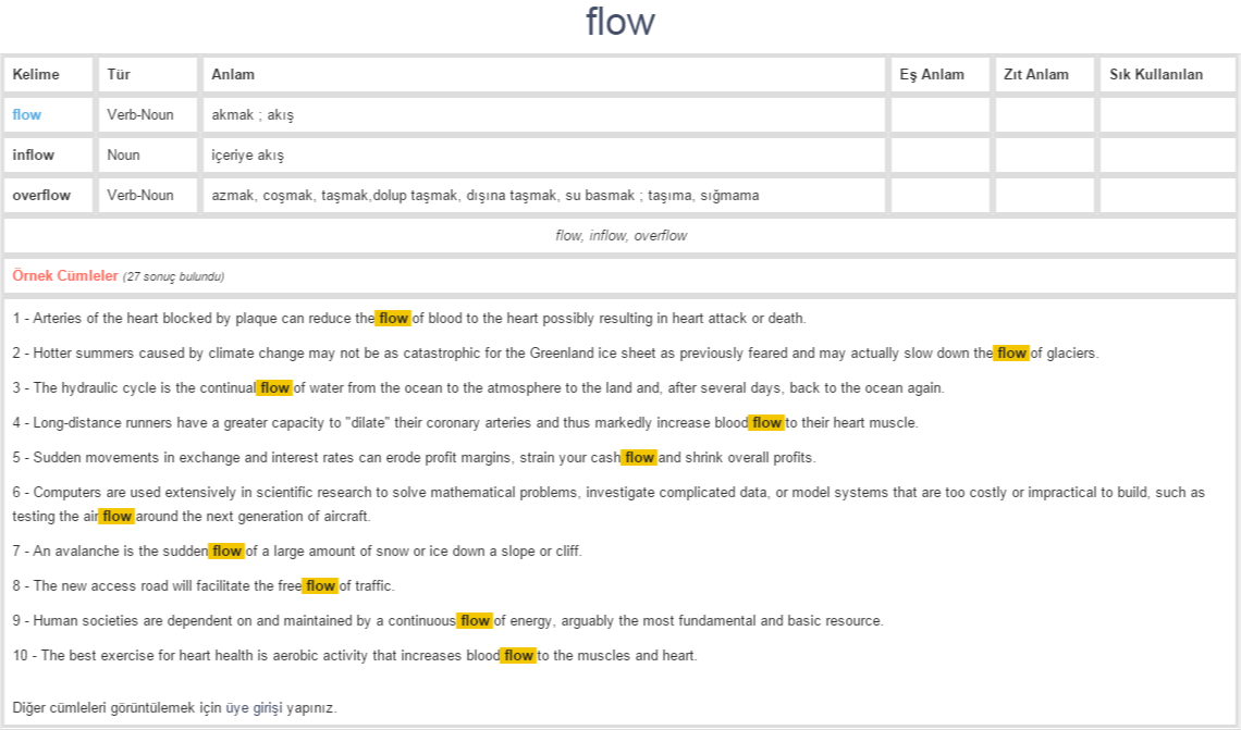 flow ne demek, anlamı nedir YDS YÖKDİL İNGİLİZCETÜRKÇE BAĞLAMSAL