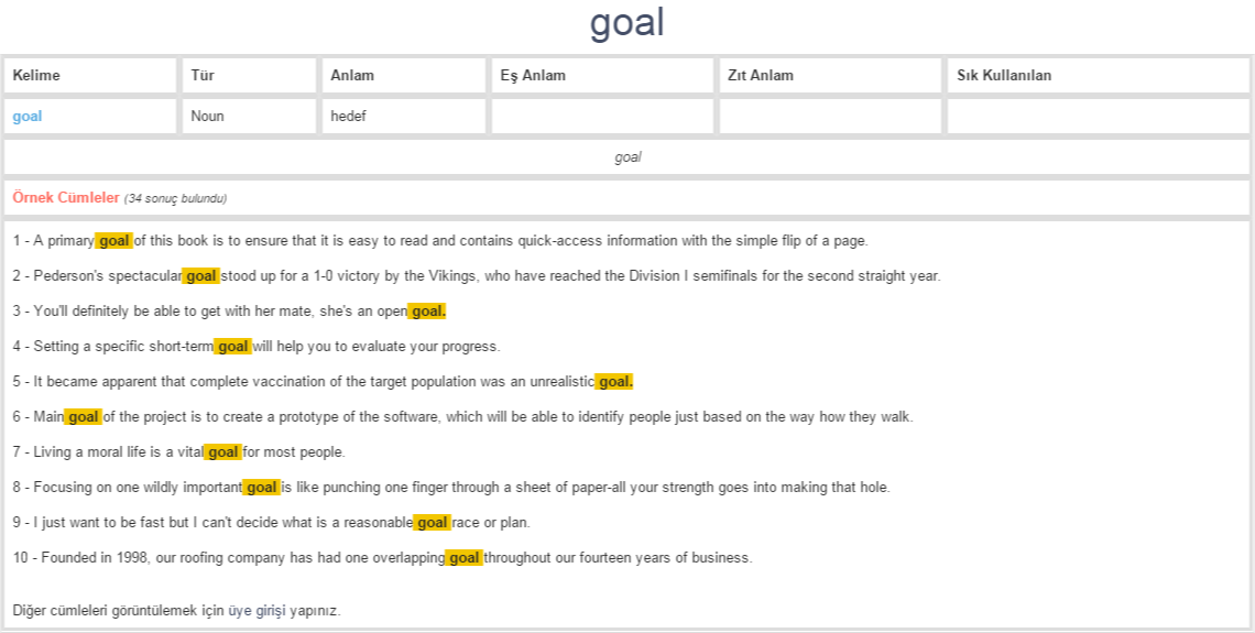 goal ne demek, anlamı nedir YDS YÖKDİL İNGİLİZCETÜRKÇE BAĞLAMSAL