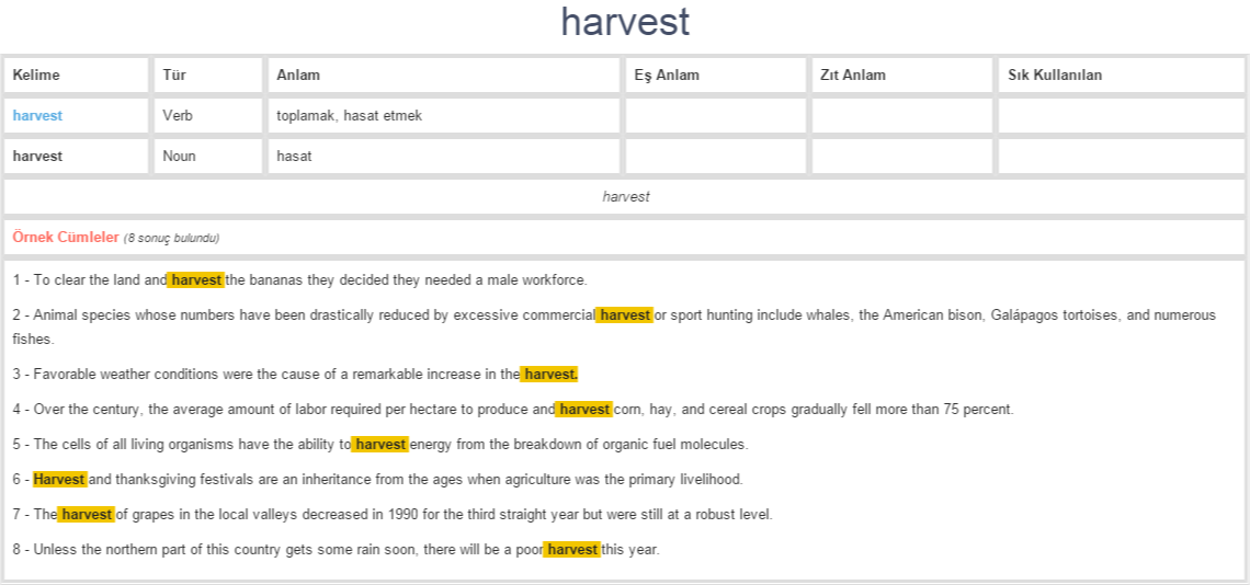 harvest ne demek, anlamı nedir YDS YÖKDİL İNGİLİZCETÜRKÇE