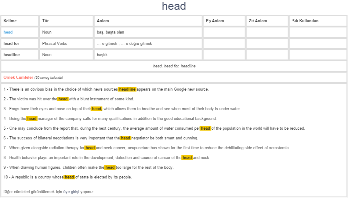 head ne demek, anlamı nedir YDS YÖKDİL İNGİLİZCETÜRKÇE BAĞLAMSAL