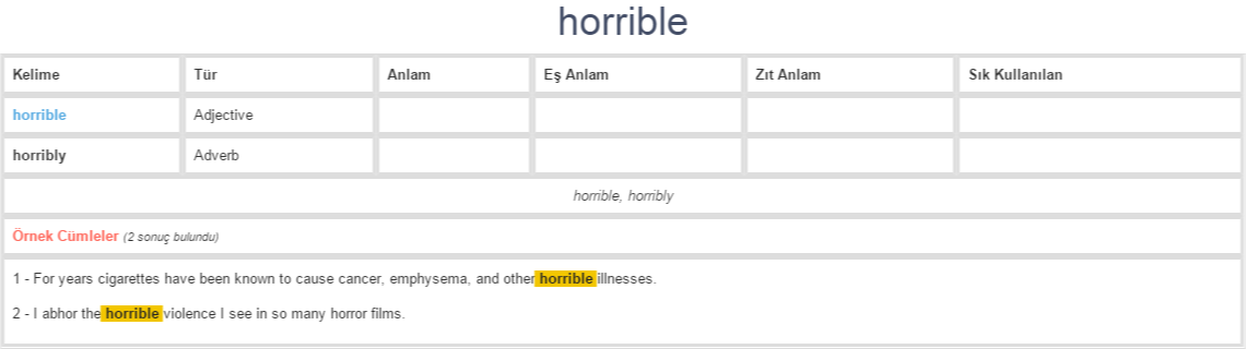 horrible ne demek, anlamı nedir | YDS - YÖKDİL İNGİLİZCE-TÜRKÇE ...