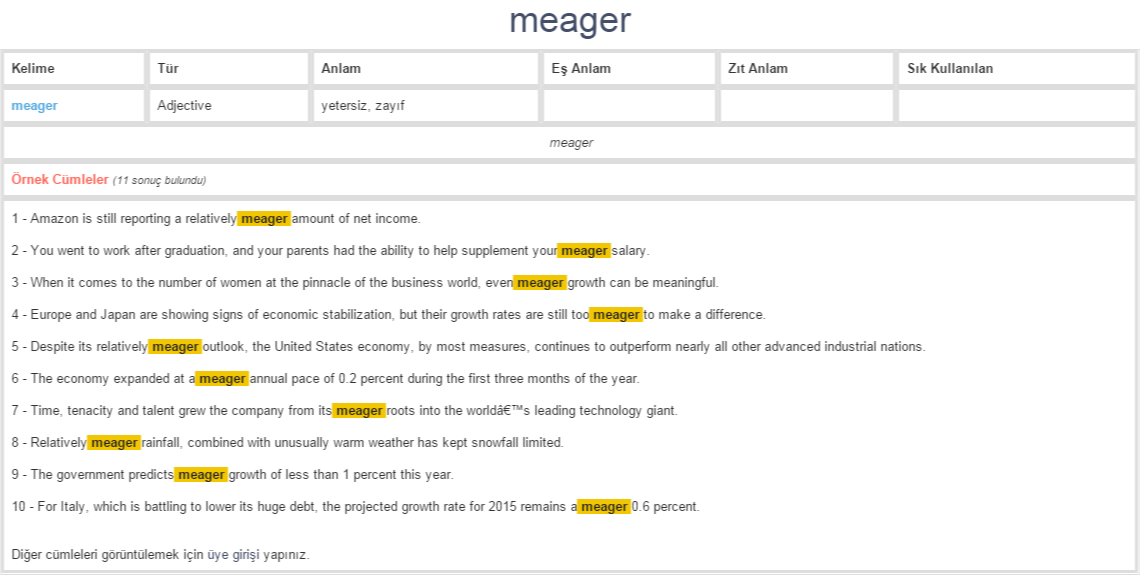meager ne demek, anlamı nedir YDS YÖKDİL İNGİLİZCETÜRKÇE BAĞLAMSAL