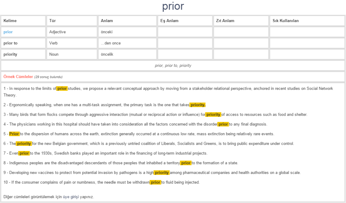 prior ne demek, anlamı nedir YDS YÖKDİL İNGİLİZCETÜRKÇE BAĞLAMSAL