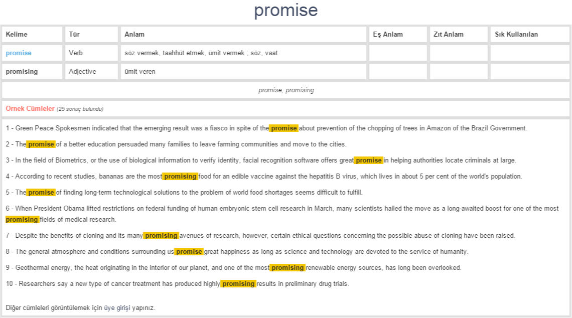 promise ne demek, anlamı nedir YDS YÖKDİL İNGİLİZCETÜRKÇE BAĞLAMSAL SINAV SÖZLÜĞÜ YÖKDİL
