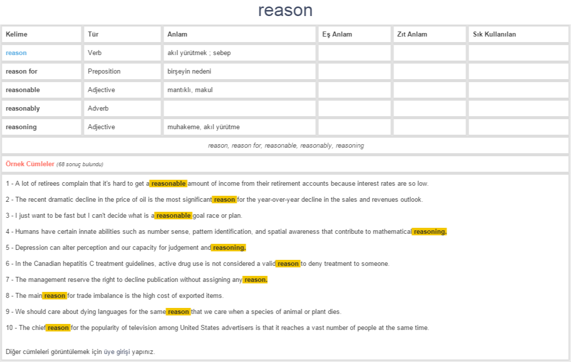 reason ne demek, anlamı nedir YDS YÖKDİL İNGİLİZCETÜRKÇE BAĞLAMSAL