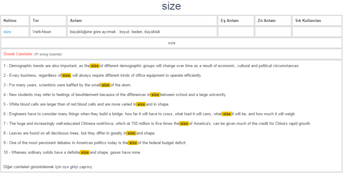 size ne demek, anlamı nedir YDS YÖKDİL İNGİLİZCETÜRKÇE BAĞLAMSAL