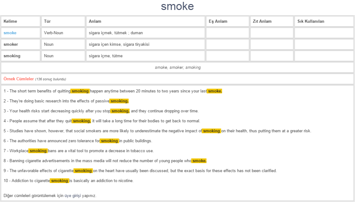 smoke ne demek, anlamı nedir YDS YÖKDİL İNGİLİZCETÜRKÇE BAĞLAMSAL