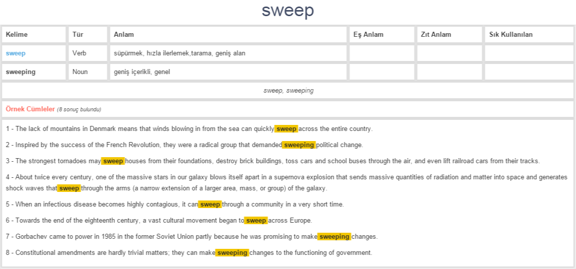 sweep ne demek, anlamı nedir | YDS - YÖKDİL İNGİLİZCE-TÜRKÇE BAĞLAMSAL ...