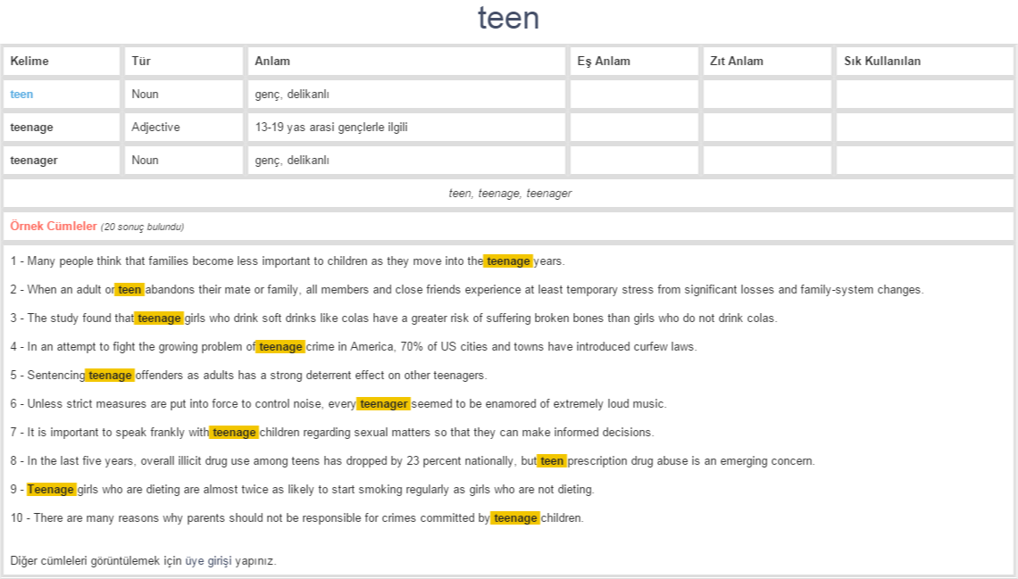 teen ne demek, anlamı nedir YDS YÖKDİL İNGİLİZCETÜRKÇE BAĞLAMSAL