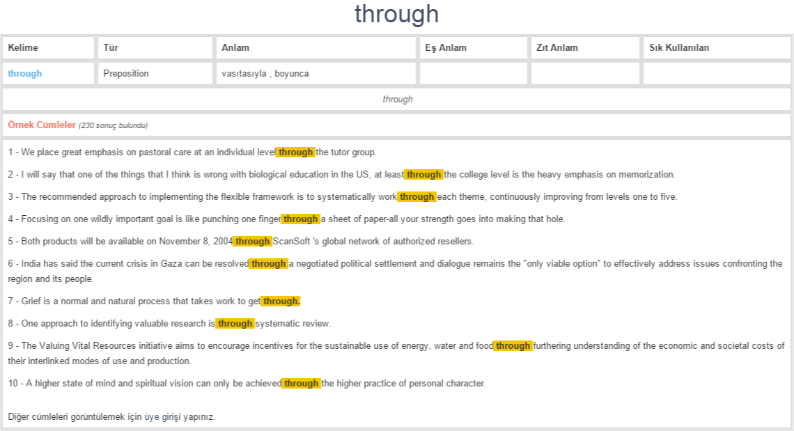 through ne demek, anlamı nedir YDS YÖKDİL İNGİLİZCETÜRKÇE