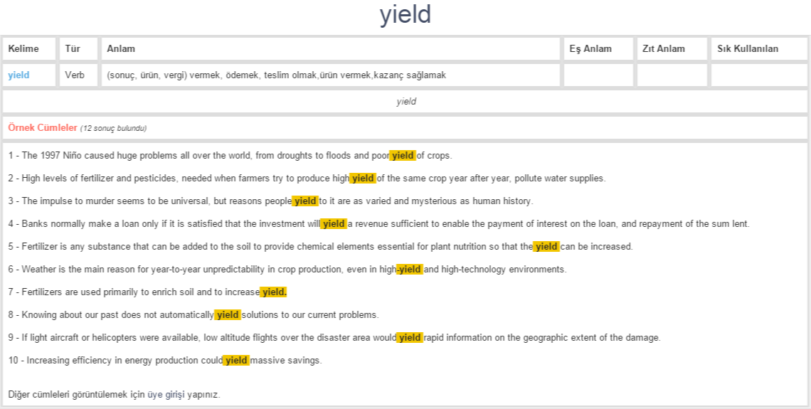 yield ne demek, anlamı nedir YDS YÖKDİL İNGİLİZCETÜRKÇE BAĞLAMSAL